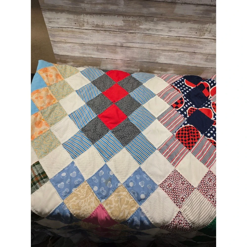 Handmade Patchwork Quilt Oversized 115x90 Multi Color Crochet Border Vintage